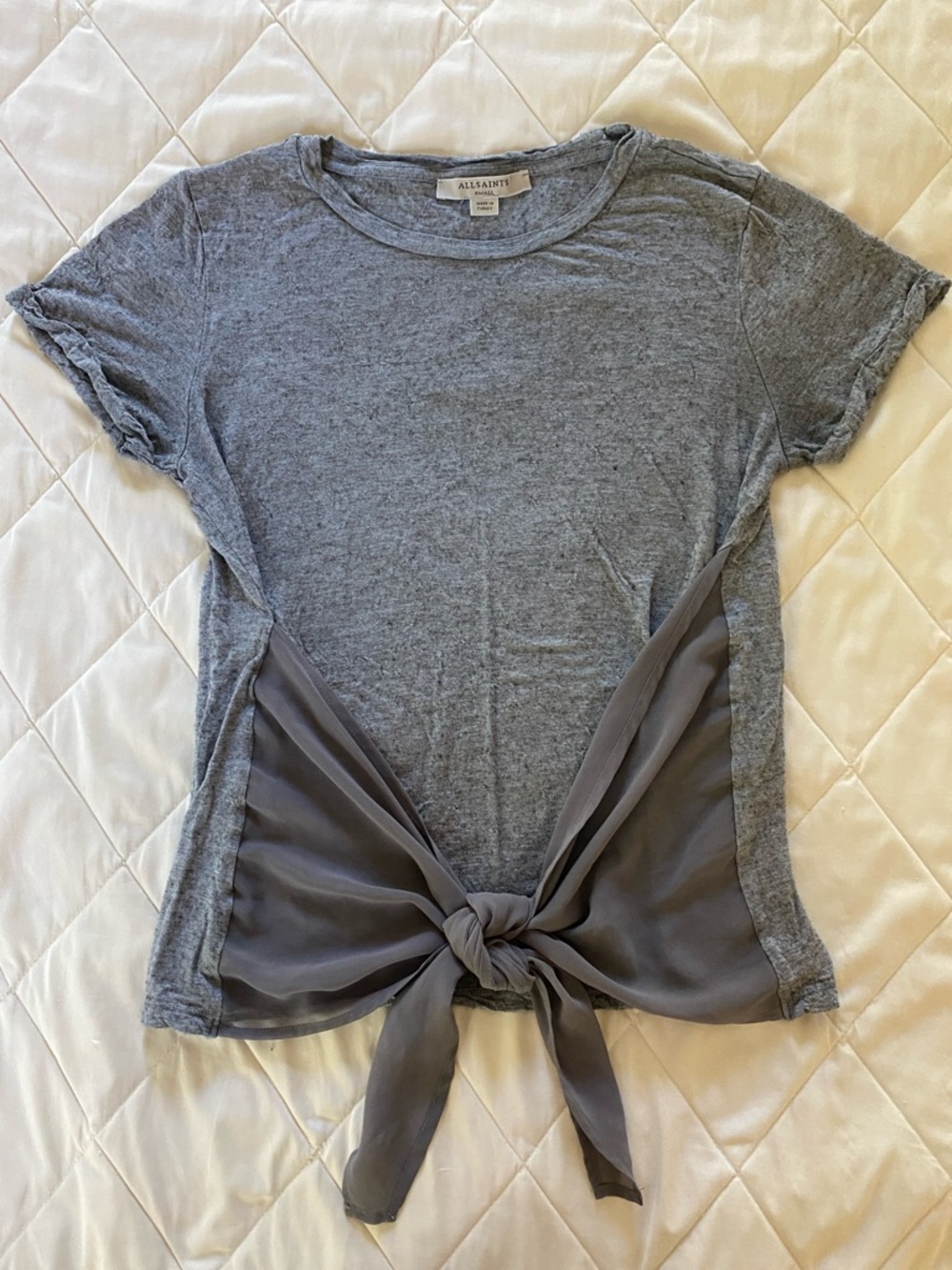 All Saints Heather Gray Short Sleeve Tee with Tie-Front Chiffon Panel
